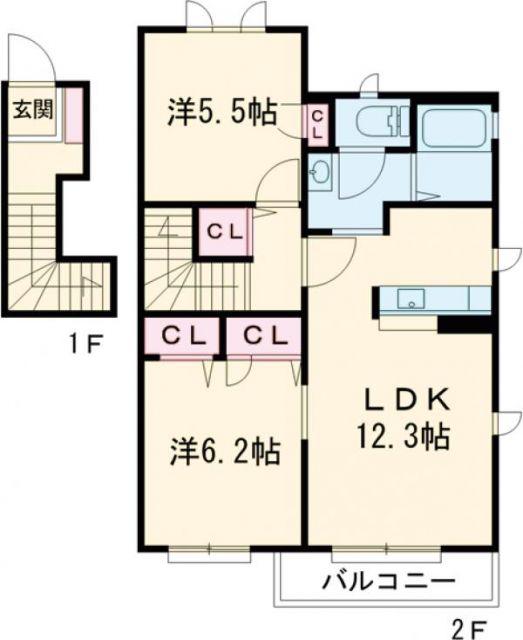 雪月花 1番館 A(2LDK/2階)の間取り写真