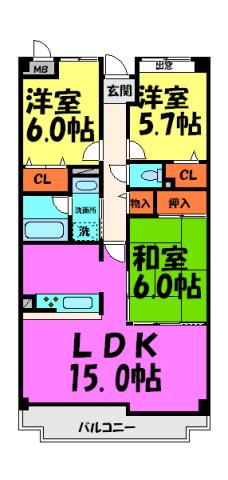 ブランドール萩原(3LDK/1階)の間取り写真