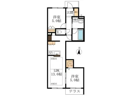 ヘリテージ国立(2LDK/1階)の間取り写真