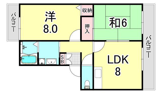 グレイス西難波(2LDK/2階)の間取り写真
