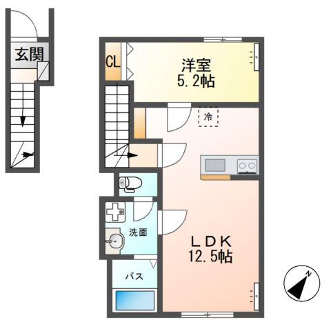 つくば市花畑アパート(1LDK/2階)の間取り写真