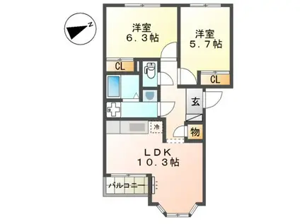 サニースクエアーI(2LDK/2階)の間取り写真
