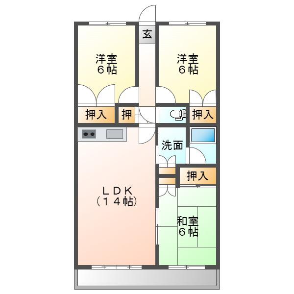 ハーモニーキュウブ寄木戸B(3LDK/1階)の間取り写真