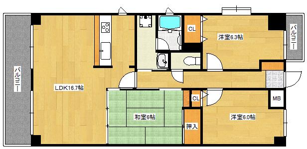 ロイヤルヒルズ牛田旭(3LDK/7階)の間取り写真
