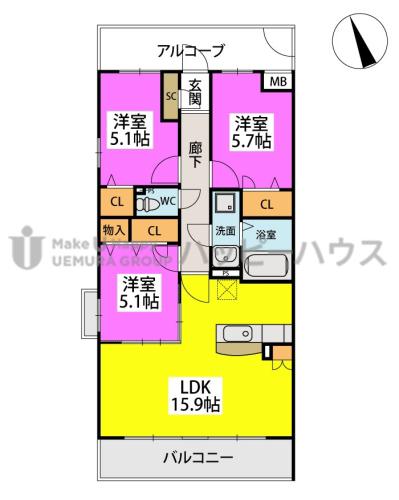 サクセス東櫛原(3LDK/3階)の間取り写真