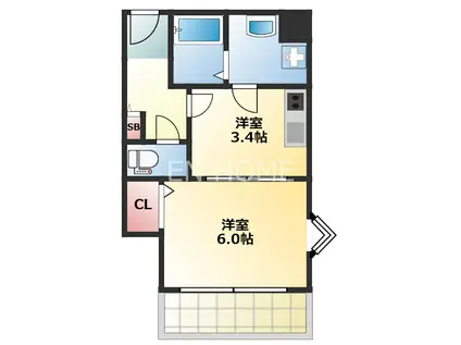 ブルグリンコート夕陽丘(1DK/9階)の間取り写真