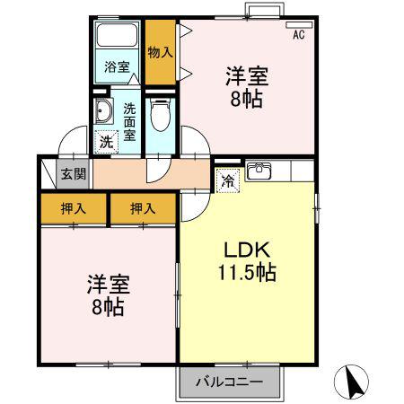 グランタイル高岡A棟(2LDK/1階)の間取り写真