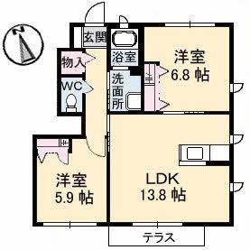 セントラル ヴィラッジュ B棟(2LDK/1階)の間取り写真