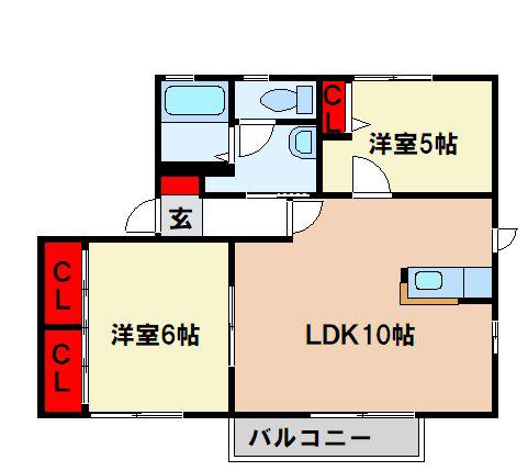 ヴェル・ドミール朝倉街道D(2LDK/2階)の間取り写真