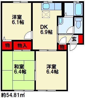 チェリーヒルズ F棟(3DK/1階)の間取り写真