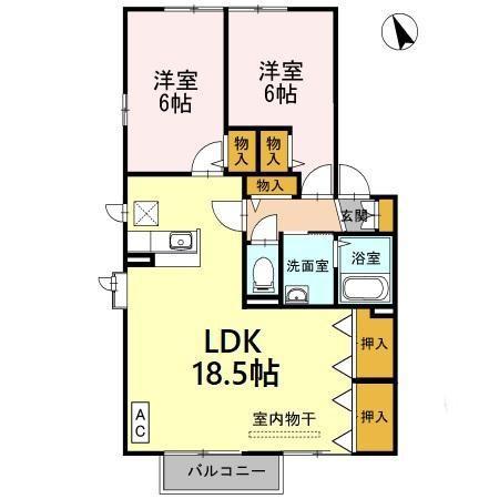 レシェンテ徳力B棟(2LDK/2階)の間取り写真