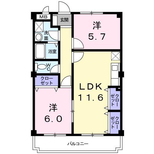 シャングリラ滝谷(2LDK/2階)の間取り写真