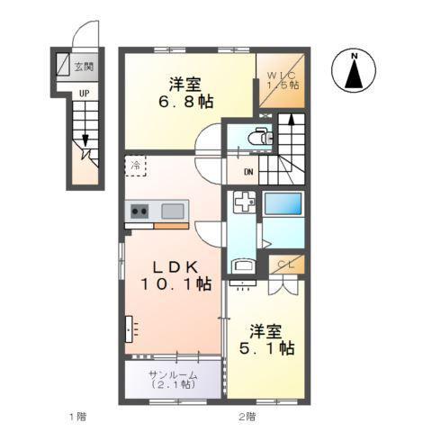 富山市黒崎アパート(2LDK/2階)の間取り写真