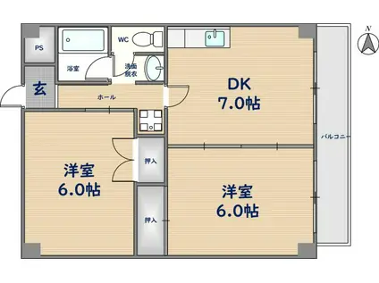 ウエストサイド瓢箪山(2DK/3階)の間取り写真