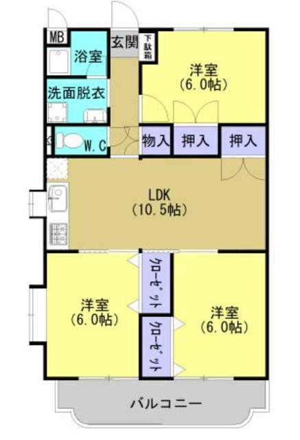 永徳ハイツB棟(3LDK/1階)の間取り写真