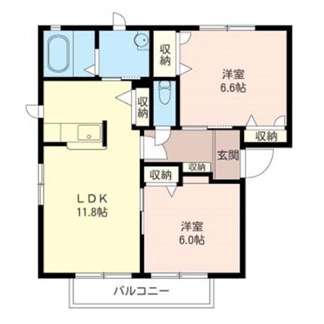 ソレアードD棟(2LDK/1階)の間取り写真
