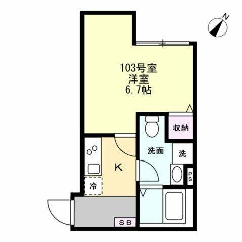 ベイルーム六会(1K/1階)の間取り写真