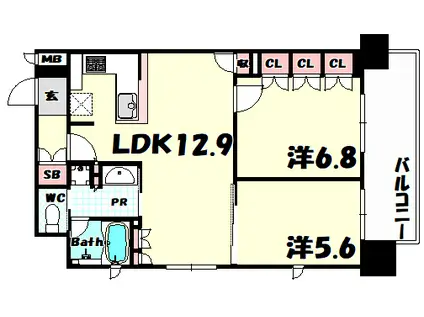 リーガル神戸三宮山手(2LDK/12階)の間取り写真