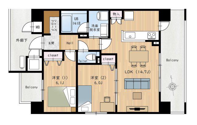 那珂川ヒルズ(2LDK/7階)の間取り写真