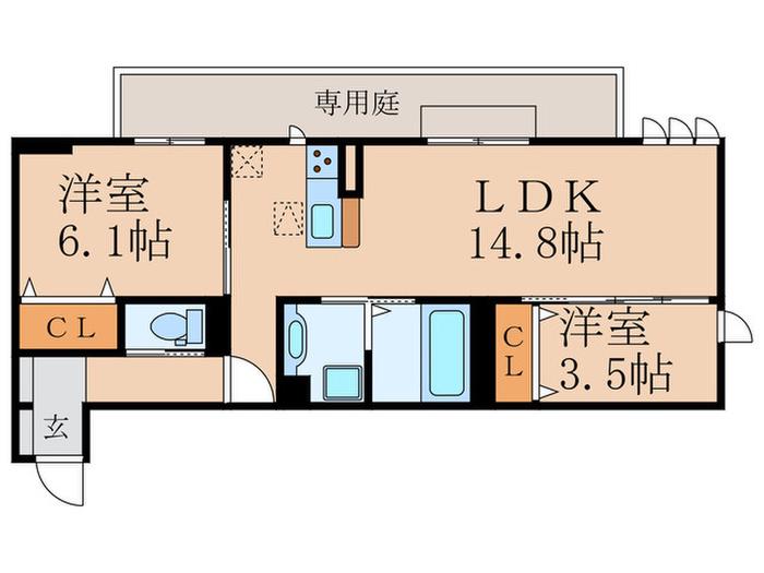 フース ヒュッゲ行橋 A棟(2LDK/1階)の間取り写真