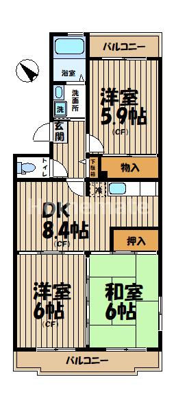 鎌倉グリーンヒルズ(3DK/4階)の間取り写真