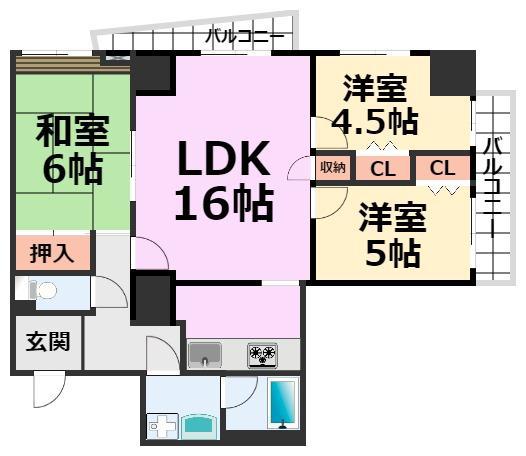 アミング潮江イースト15-3号棟(3LDK/11階)の間取り写真