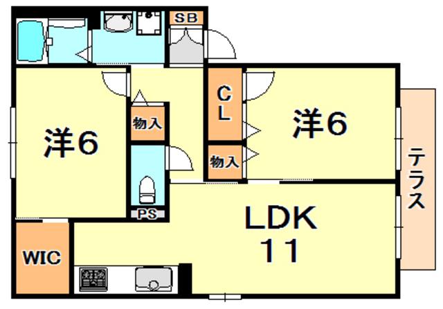 サンシャインヒルズB棟(2LDK/1階)の間取り写真