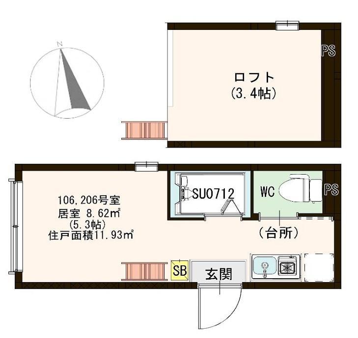 ハーモニーテラス仲町(ワンルーム/1階)の間取り写真