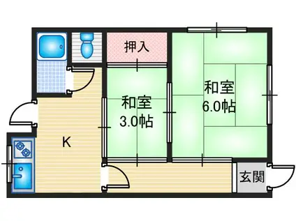 阪急京都線 正雀駅 徒歩15分 2階建 築55年(2K/1階)の間取り写真