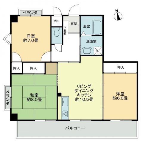 カトレアハイツ石川(3LDK/2階)の間取り写真