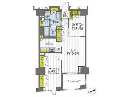 イニシアイオ新宿夏目坂(2LDK/2階)の間取り写真