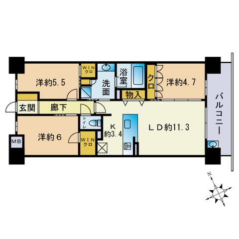 ジェイグラン六本松レジデンス(3LDK/3階)の間取り写真