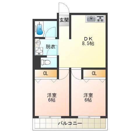 プラムシャインセンボン(2DK/4階)の間取り写真