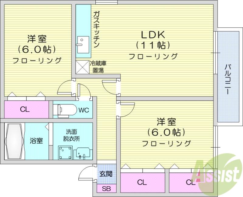 ウィルモアA(2LDK/1階)の間取り写真