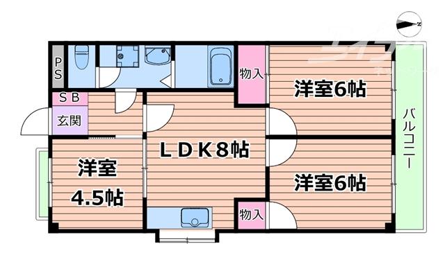新芦屋ハイタウン(3LDK/2階)の間取り写真