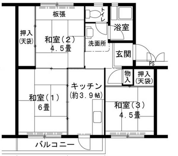 ビレッジハウス志染16号棟(3K/1階)の間取り写真