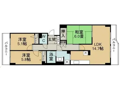 八木山スカイマンション(3LDK/8階)の間取り写真