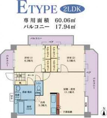 サンハイツ姪浜(2LDK/3階)の間取り写真