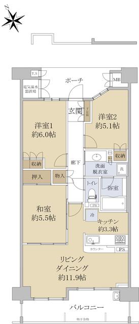 ジオ緑地公園ブライトヒルズガーデンコート(3LDK/7階)の間取り写真