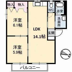 ディアス川南 B棟(2LDK/2階)の間取り写真