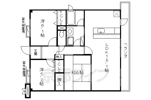 ハーティス山科御陵 A棟(3LDK/3階)の間取り写真
