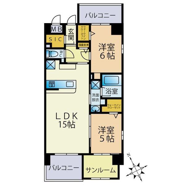 西鉄天神大牟田線 高宮駅(福岡) 徒歩5分 9階建 築2年(2SLDK/2階)の間取り写真