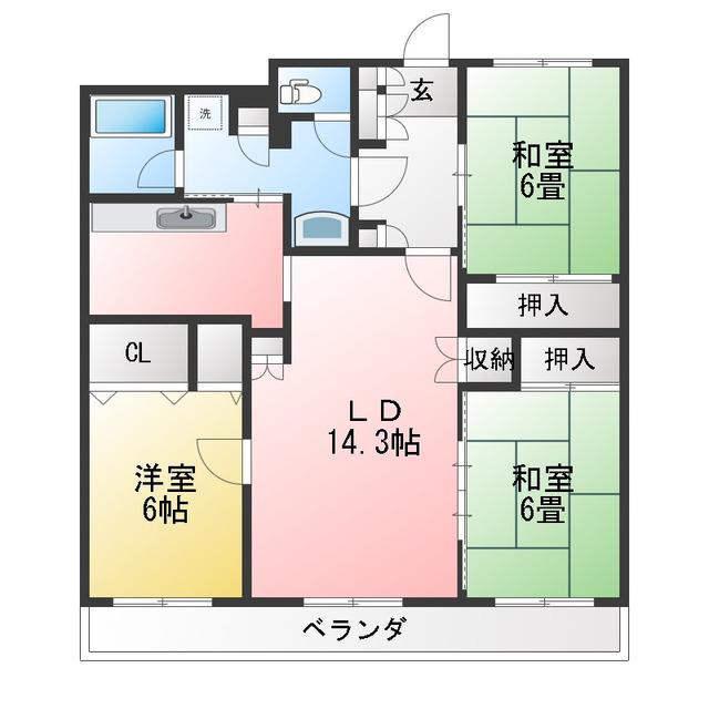 大金平ハイツ(3LDK/3階)の間取り写真