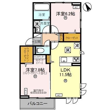 グランコンフォール神ノ川 大橋(2LDK/1階)の間取り写真