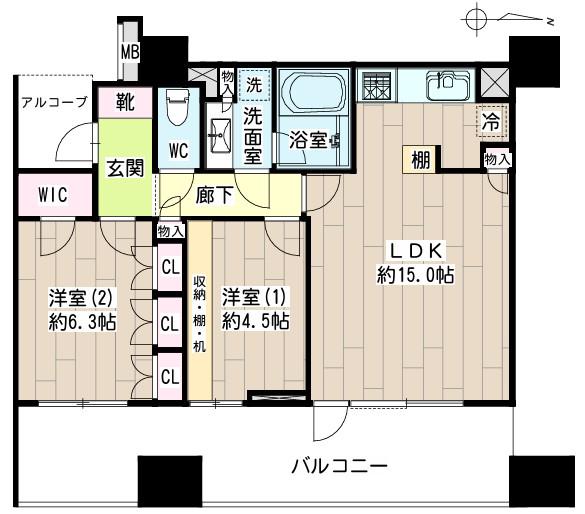 クレッセント萩中(2LDK/9階)の間取り写真