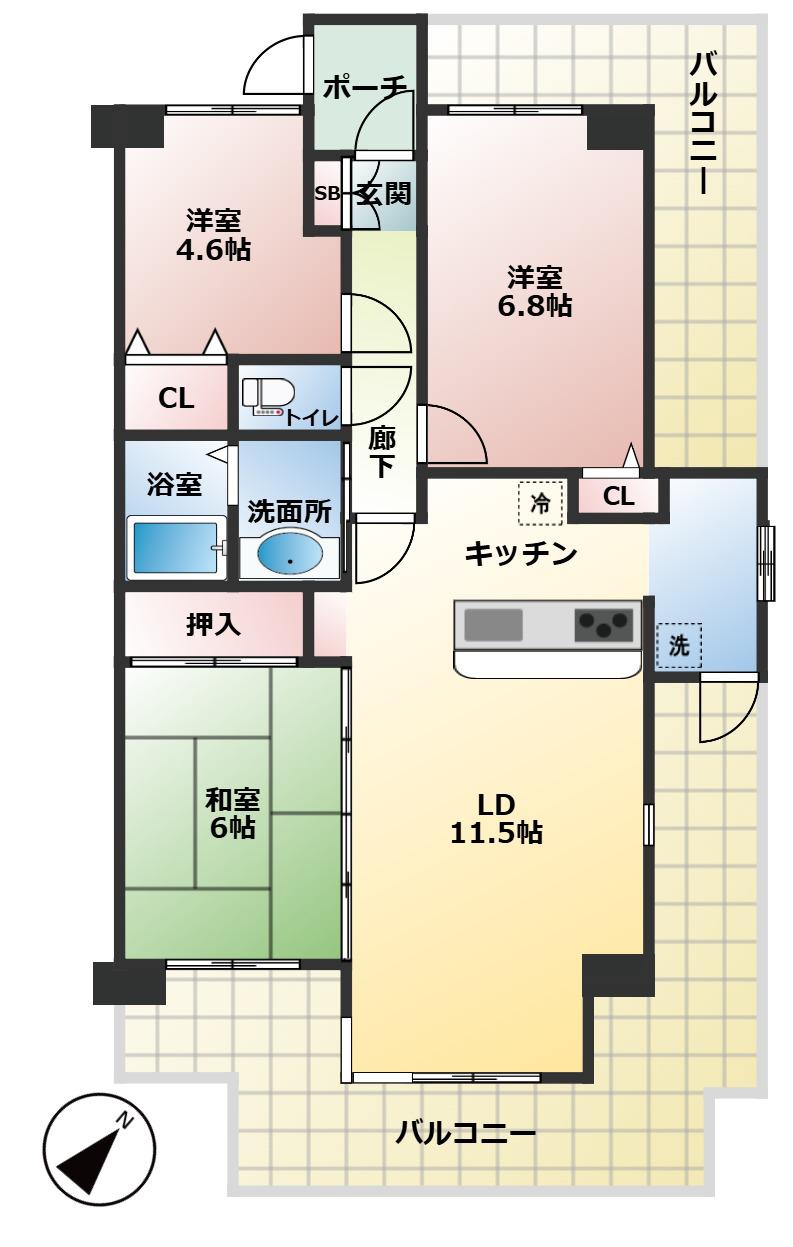 グリーンパーク鳩ヶ谷B棟(3LDK/3階)の間取り写真