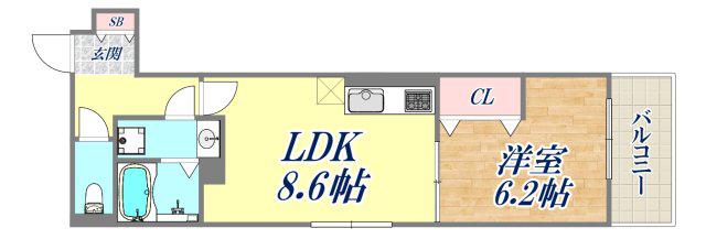 D-ROOM旗塚通(1LDK/1階)の間取り写真