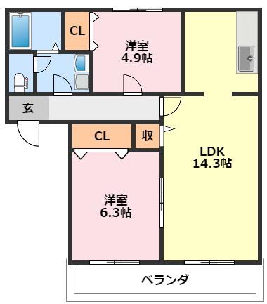 アルファコート流山(2LDK/2階)の間取り写真