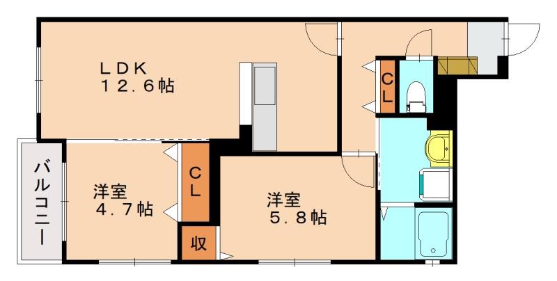 ワンズビル空港東(2LDK/2階)の間取り写真