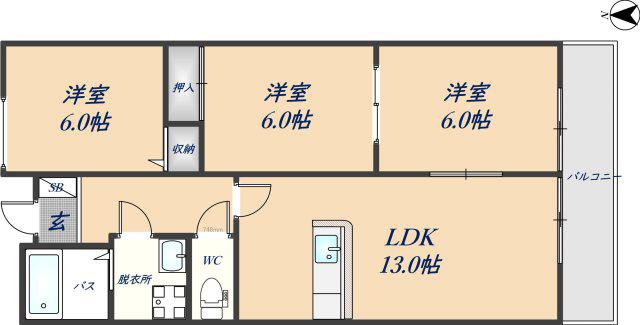 フェルザ住道(3LDK/1階)の間取り写真